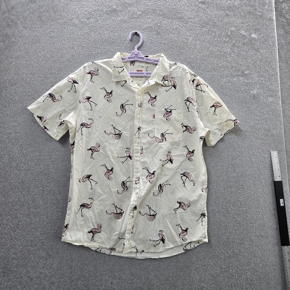 Levi's Men Button Up Shirt L Cream Animal Print Flamingos Logo